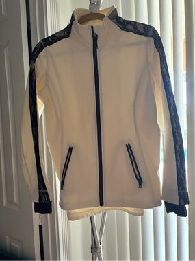 Women's White Zip-Up Jacket with Black Lace Trim
